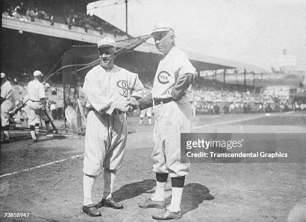 Managers Kid Gleason of the Chicago White Sox, left, and Pat Moran of the Cincinnati Reds meet before game one of the 1919 World Series in Cincinnati...
