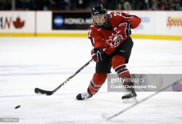 Captain Hayley Wickenheiser of Canada shoots the puck against the USA during the IIHF Women's World Championship Gold Medal game on April 10, 2007 at...