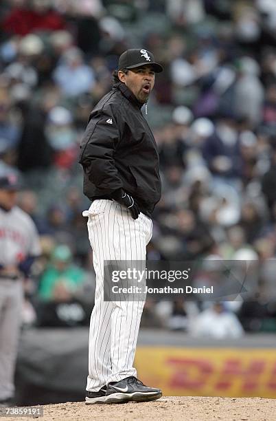 Manager Ozzie Guillen of the Chicago White Sox stands on the mound during the game against the Minnesota Twins on April 7, 2007 at U.S. Cellular...