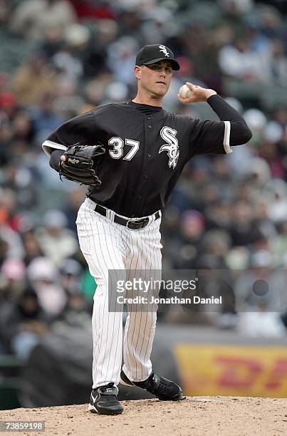 Matt Thornton of the Chicago White Sox delivers the pitch during the game against the Minnesota Twins on April 7, 2007 at U.S. Cellular Field in...