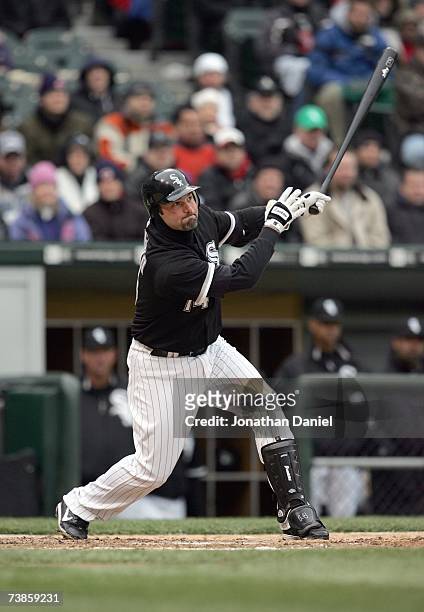 Paul Konerko of the Chicago White Sox swings at the pitch during the game against the Minnesota Twins on April 7, 2007 at U.S. Cellular Field in...