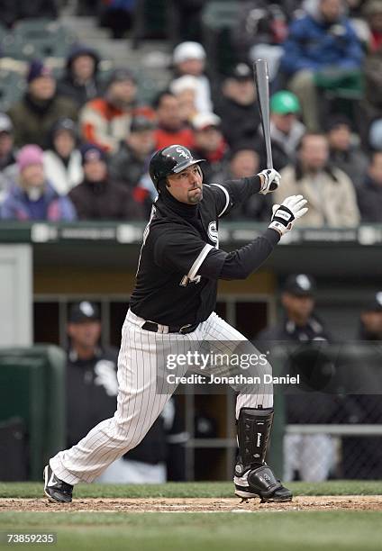 Paul Konerko of the Chicago White Sox swings at the pitch during the game against the Minnesota Twins on April 7, 2007 at U.S. Cellular Field in...