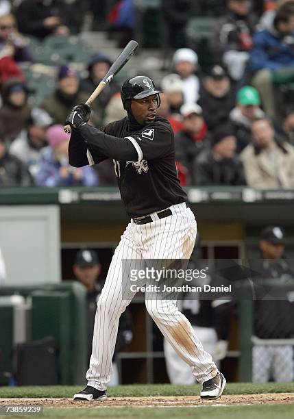 Jermaine Dye of the Chicago White Sox stands ready at bat during the game against the Minnesota Twins on April 7, 2007 at U.S. Cellular Field in...