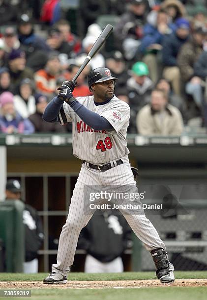 Torii Hunter of the Minnesota Twins stands ready at bat during the game against the Chicago White Sox on April 7, 2007 at U.S. Cellular Field in...