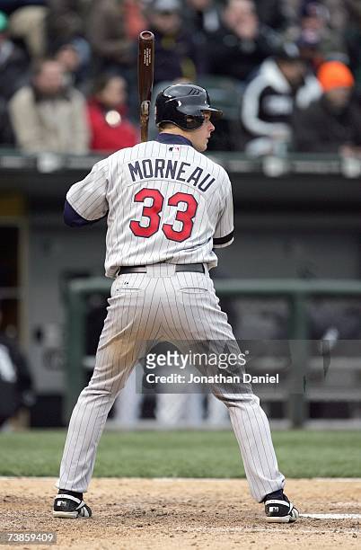 Justin Morneau of the Minnesota Twins stands ready at bat during the game against the Chicago White Sox on April 7, 2007 at U.S. Cellular Field in...