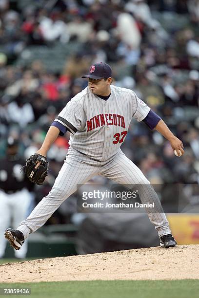 Dennys Reyes the Minnesota Twins delivers the pitch during the game against the Chicago White Sox on April 7, 2007 at U.S. Cellular Field in Chicago,...