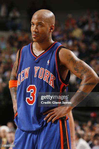 Stephon Marbury of the New York Knicks stands on the court during the game against the Dallas Mavericks at American Airlines Center on March 30, 2007...