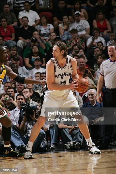 Fabricio Oberto of the San Antonio Spurs looks to move the ball against the Seattle Supersonics during the game at AT&T Center on April 3, 2007 in...