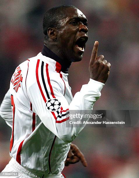 Clarence Seedorf of Milan celebrates scoring the first goal during the UEFA Champions League Quarter Final second leg match between FC Bayern Munich...