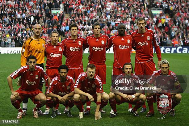 The Liverpool players line up for a team photo prior to the start of the UEFA Champions League Quarter Final, second leg match between Liverpool and...