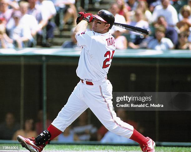 Jim Thome of the Cleveland Indians batting against the Anaheim Angels in August 2001 in Cleveland, Ohio.