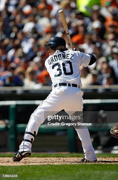 Magglio Ordonez of the Detroit Tigers bats against the Toronto Blue Jays during the Home Opener for the Detroit Tigers at Comerica Park on April 2,...