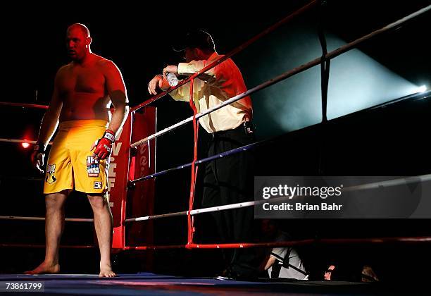 Ben Rothwell of the Moline Silverbacks and his coach Pat Miletich are seen during introductions prior to his fight against Roy Nelson of the Reno...