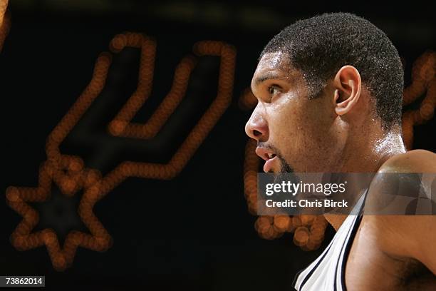 Tim Duncan of the San Antonio Spurs looks on during the game against the New Orleans/Oklahoma City Hornets at AT&T Center on March 28, 2007 in San...