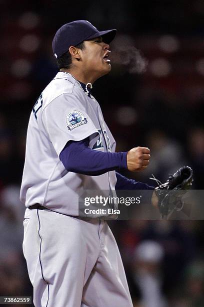 Starting pitcher Felix Hernandez of the Seattle Mariners reacts after throwing a one hit shutout against the Boston Red Sox on April 11, 2007 at...