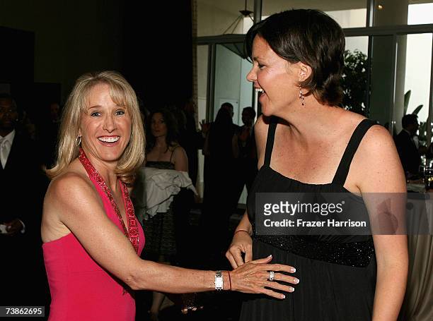 Former tennis player Tracy Austin touches the stomach of tennis player Lindsay Davenport inside the VIP reception for The Billies presented by The...