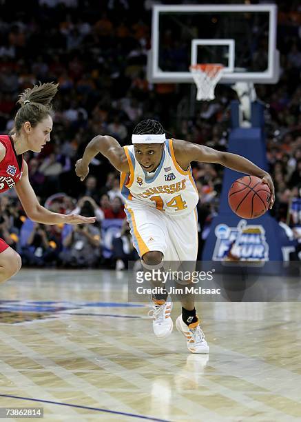 Alexis Hornbuckle of the Tennessee Lady Volunteers drives against the Rutgers Scarlet Knights during the 2007 NCAA Women's Basketball Championship...