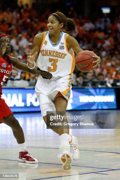 Candace Parker of the Tennessee Lady Volunteers drives against the Rutgers Scarlet Knights during the 2007 NCAA Women's Basketball Championship Game...