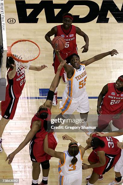 Nicky Anosike of the Tennessee Lady Volunteers raches for a rebound against the Rutgers Scarlet Knights during the 2007 NCAA Women's Basketball...
