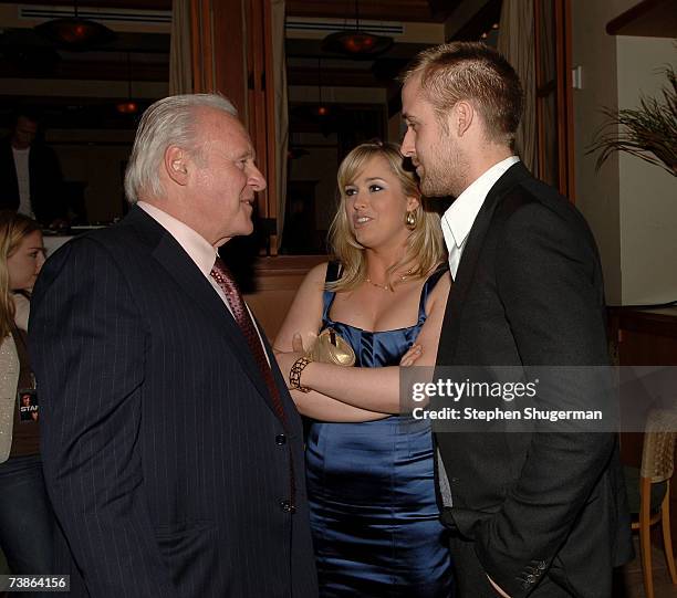 Actor Anthony Hopkins, Mr. Gosling's sister Mandi and actor Ryan Gosling attend the after party following the LA premiere of Newline's "Fracture" on...