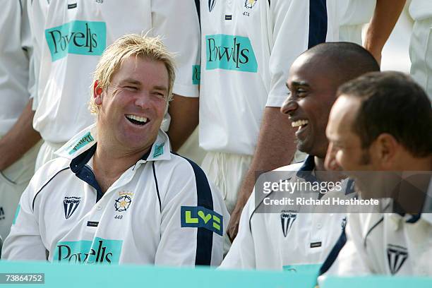 Shane Warne laughs with Dimitri Mascarenhas and Nic Pothas during the Hampshire County Cricket Club Photocall at The Rose Bowl on April 12, 2007 in...