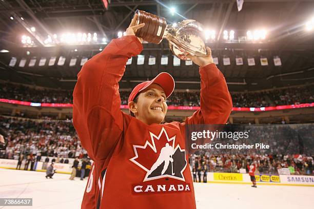 Danielle Goyette of Canada raises the trophy after the victory against the USA in the IIHF Women's World Championship Gold Medal game on April 10,...