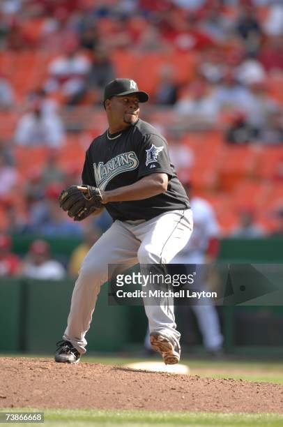 Jorge Julio of the Florida Marlins pitches against the Washington Nationals on April 2, 2007 at RFK Stadium in Washington D.C. The Marlins won 9-2.