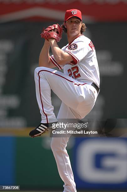 John Patterson of the Washington Nationals pitches against the Florida Marlins on April 2, 2007 at RFK Stadium in Washington D.C. The Marlins won 9-2.