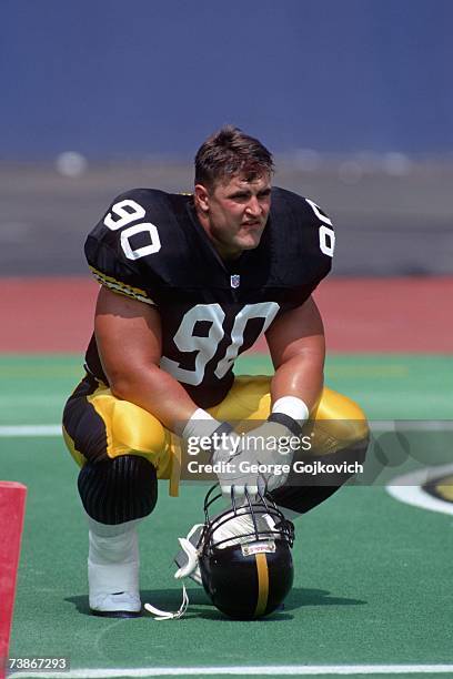 Defensive lineman Jeff Zgonina of the Pittsburgh Steelers on the field before a preseason game against the Green Bay Packers at Three Rivers Stadium...