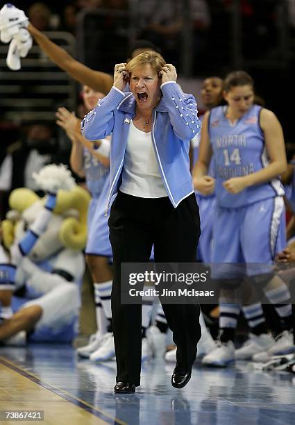 Head coach Sylvia Hatchell of the North Carolina Tar Heels coaches against the Tennessee Lady Volunteers during their National Semifinal game of the...