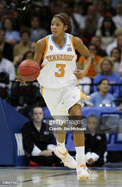 Candace Parker of the Tennessee Lady Volunteers brings the ball up court against North Carolina Tar Heels during their National Semifinal game of the...