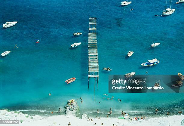 italy, sicily, lipari, boats at beach, aerial view - aeolian islands 個照片及圖片檔