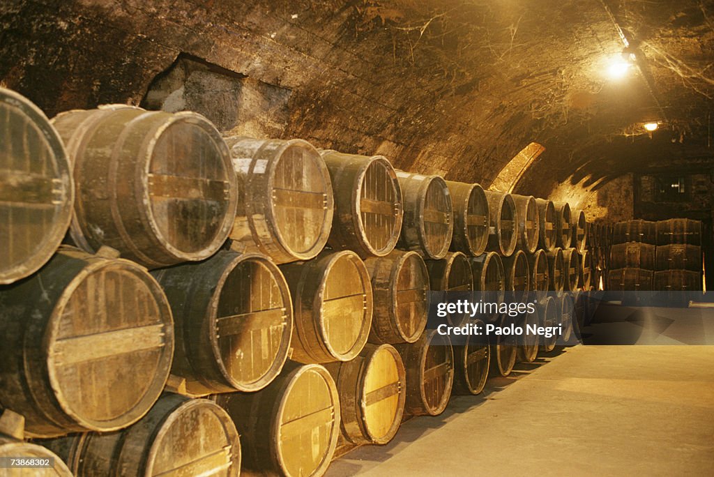 France, Cognac, Otard distillery, Rows of kegs in cellar