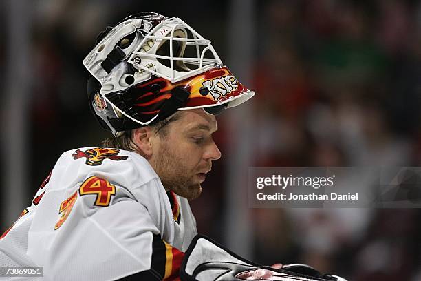 Miikka Kiprusoff of the Calgary Flames looks on against the Chicago Blackhawks on March 25, 2007 at the United Center in Chicago, Illinois. The...