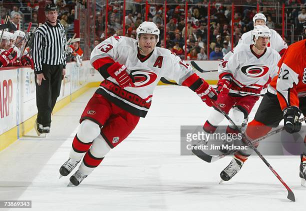 Ray Whitney of the Carolina Hurricanes skates against the Philadelphia Flyers during their NHL game on March 28, 2007 at the Wachovia Center in...