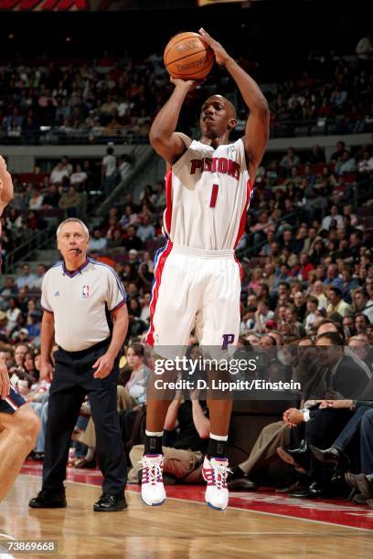 Chauncey Billups of the Detroit Pistons takes a jump shot against Jason Collins of the New Jersey Nets during the game at The Palace of Auburn Hills...