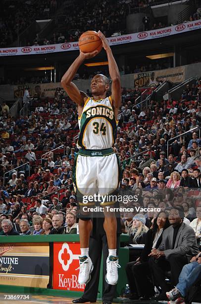 Ray Allen of the Seattle SuperSonics shoots a jump shot during a game against the Charlotte Bobcats at KeyArena on March 4, 2007 in Seattle,...