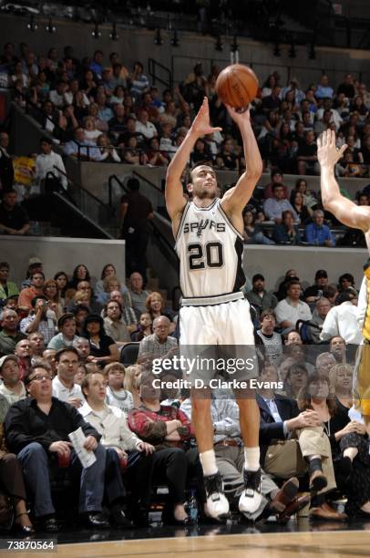 Manu Ginobili of the San Antonio Spurs takes a jump shot against the Seattle Supersonics during the game at AT&T Center on April 3, 2007 in San...