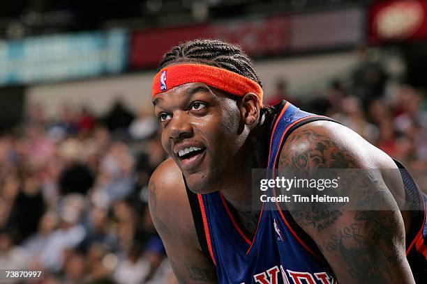 Eddy Curry of the New York Knicks looks on during the game against the Dallas Mavericks at American Airlines Center on March 30, 2007 in Dallas,...