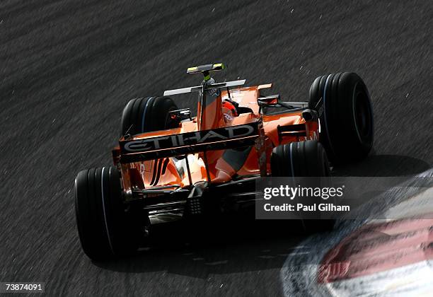 Christijan Albers of The Netherlands and Spyker F1 in action during practice for the Bahrain Formula One Grand Prix at the Bahrain International...