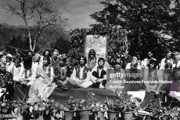 The Beatles and their wives at the Rishikesh in India with the Maharishi Mahesh Yogi, March 1968. The group includes Ringo Starr, Maureen Starkey,...