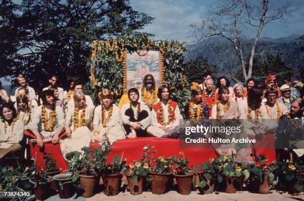 The Beatles and their wives at the Rishikesh in India with the Maharishi Mahesh Yogi, March 1968. The group includes Ringo Starr, Maureen Starkey,...