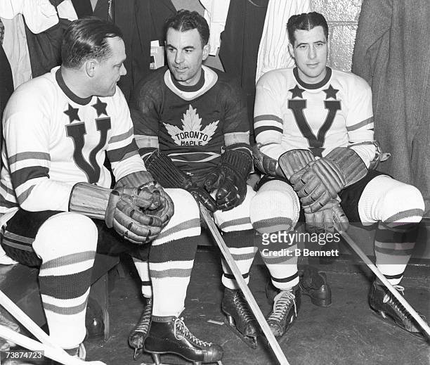 The Toronto Maple Leafs' so-called 'Kid-line' of Canadian professional ice hockey players Charlie Conacher , Joe Primeau , and Harvey 'Busher'...