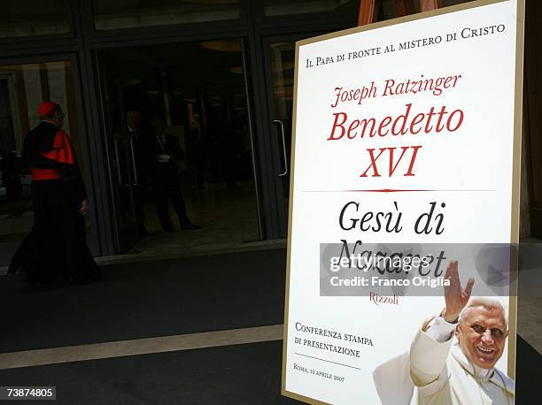 Banner featuring the cover of Pope Benedict XVI latest book 'Jesus of Nazareth' prior to the media conference at the Sinodo Hall on April 13 in...