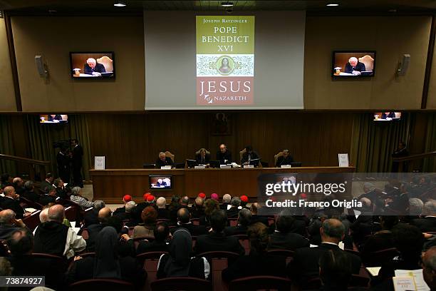 The English cover of Pope Benedict XVI's latest book 'Jesus of Nazareth' during the media conference at the Sinodo Hall on April 13 in Vatican City....