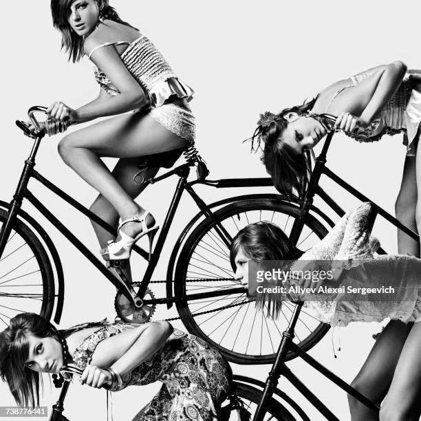 multiple exposure of caucasian girl riding bicycle - tween heels stock pictures, royalty-free photos & images