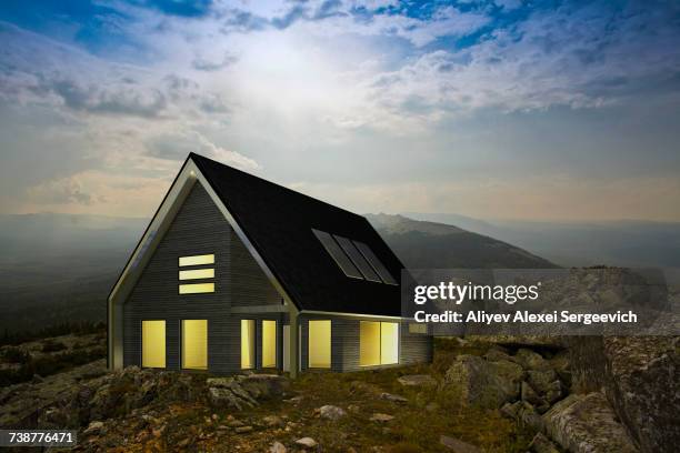 modern house in remote rocky landscape - solar panel isolated stock pictures, royalty-free photos & images
