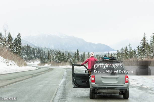 caucasian woman standing in car in winter admiring scenic view - snow board stock pictures, royalty-free photos & images