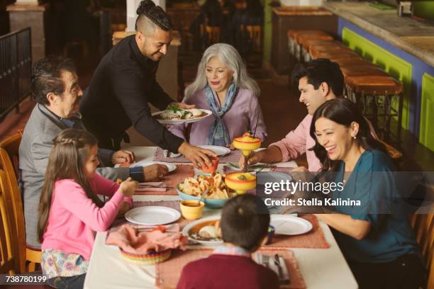 waiter serving food to family in restaurant - margarita seven 個照片及圖片檔