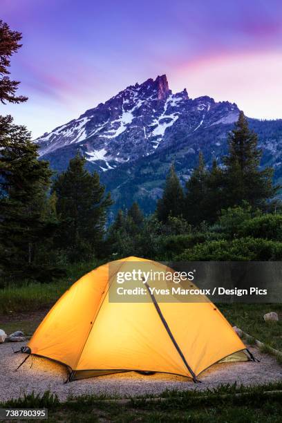 tent and teton range at dusk, grand teton national park - grand teton bildbanksfoton och bilder